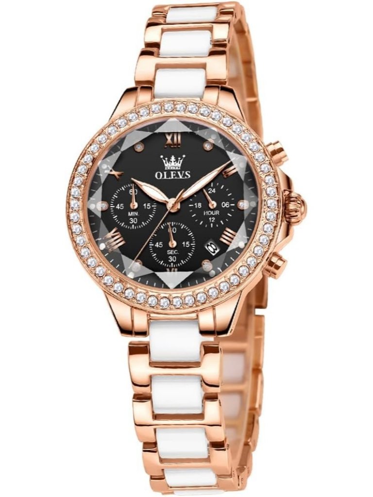 Olevs Women's Black Skeleton Diamond Rose Gold Automatic Elegant Luxury Watch